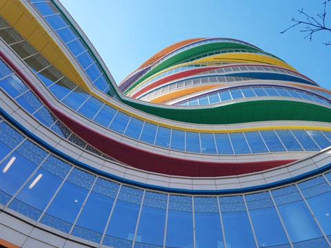 view of the Children's Hospital of Philadelphia Buerger Center for Advanced Pediatric Care from below on Civic Center Blvd.