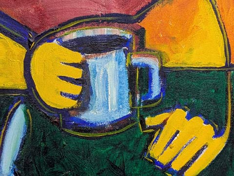 Close up of brightly colored impressionist painting of man holding a cup of coffee