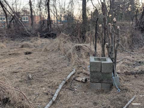A group of branches stuck in the ground next several cinder blocks that are stacked to form a chimney-like structure. This assemblage is located a little ways off of a trail in the woods.