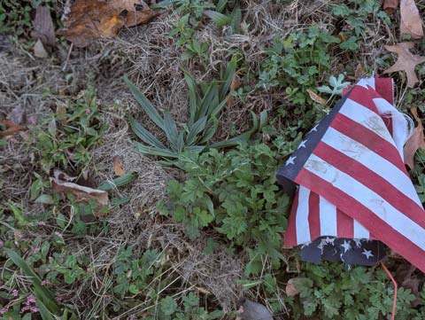 A small american flag, dirty anf frayed, lying on the ground